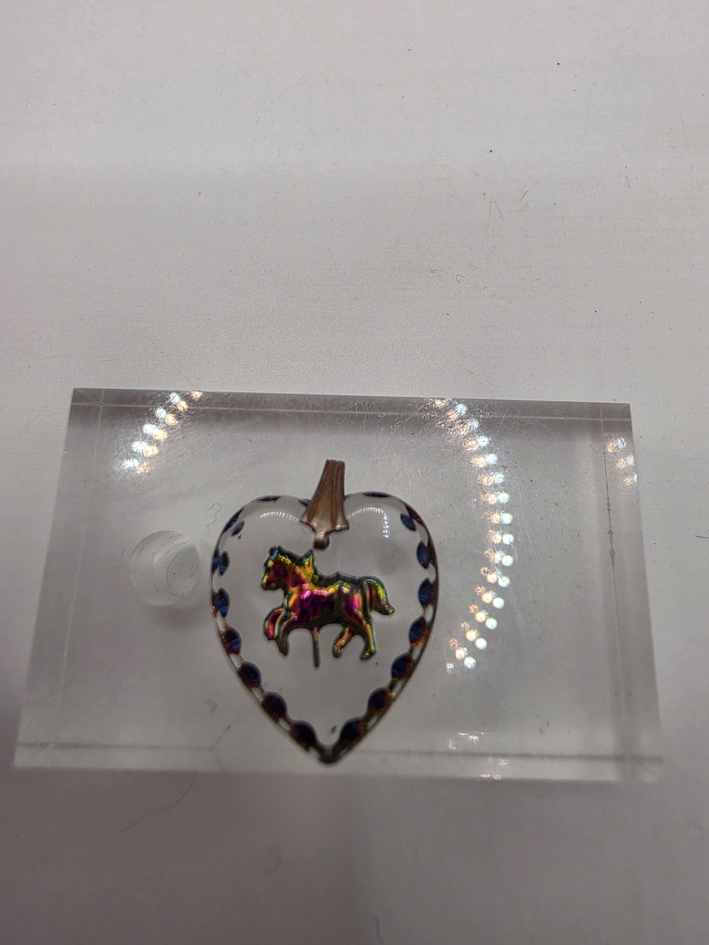 Vintage Reverse Intaglio Glass Heart Iridescent Carousel Horse Pendant 1970s
